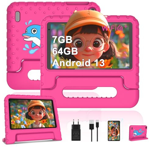 fezawio Tablette 7 Pouces, Android 13, 7 GO RAM + 64 GO ROM (Carte TF jusqu'à 512 Go), 3500mAh, 5 MP + 8 MP, Wi-FI 6, Bluetooth 5.0, étui de Protection en EVA Rouge