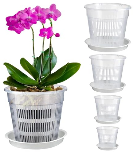 Jonuin Clear Orchid Pot, 8PCS Plastic Plant Pots with Drainage Hole and Tray, Root-Control Nursery Planter, House Plant Pots Nursery Pot for Orchids, Peace Lilies, Snake Plants (11cm/14cm/16cm/19cm)