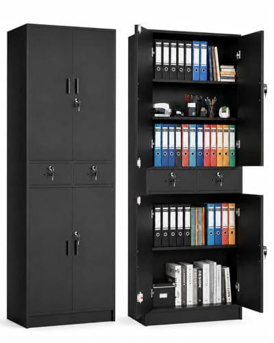 Amveya Aktenschrank abschließbar, 200 cm hoher Mehrzweckschrank aus Holz mit Schloss, 2 Schubladen & verstellbare Ablagen, Büroschrank/Werkzeugschrank, schwarz, 78 × 40 × 200 cm