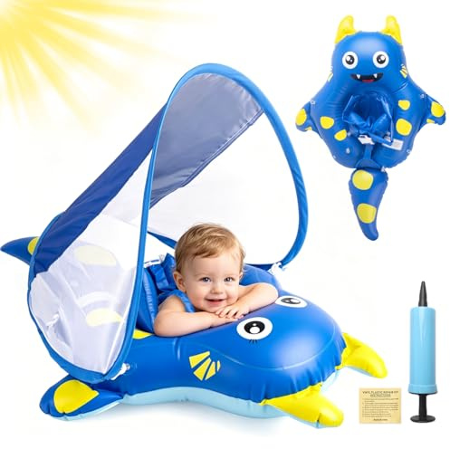 YYSWSAKY Salvagente Neonato con Parasole, Ciambella Neonato Mare UPF50+ Protezione UV, Anti-Ribaltamento, Sedile di Sicurezza Regolabile, Salvagent Gonfiabile Piscina per Bambini da 10 a 36Mesi (Blu)