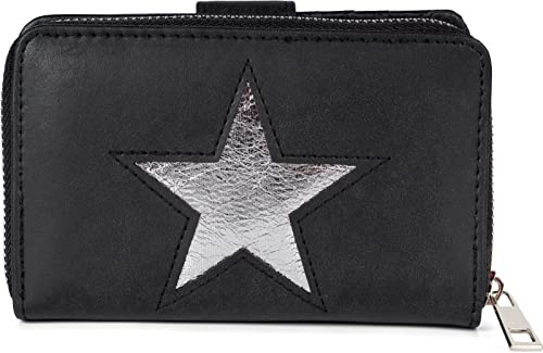 styleBREAKER Geldbörse mit Stern Cutout in Metallic oder Pailletten Optik, Reißverschluss, Portemonnaie, Damen 02040076, Farbe:Schwarz/Silber metallic