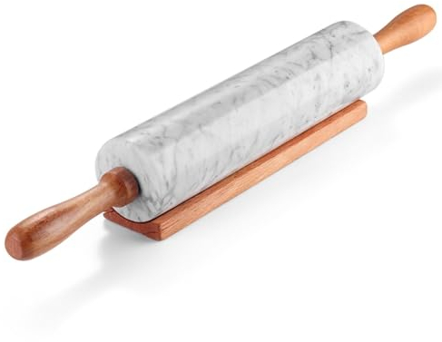 Flexzion Teigroller aus weißem Marmor, 25,4 cm, mit Holzgriff und Halter-Basisständer, Marmor-Nudelholz zum Backen von Gebäck, Pizzateig, Fondant, Kekskuche, Kruste, Nudeln, Bäckerei-Roller