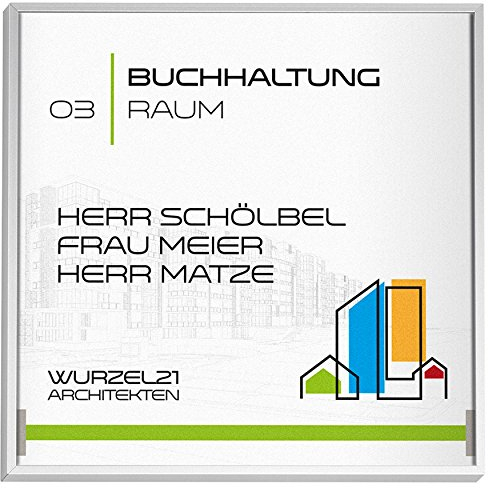 Madrid Silver Line Türschild 150 | 150x150 mm | Alu Rahmen silber eloxiert | entspiegelte Abdeckung | Schraubmontage | Türschild Büro | Büroschild