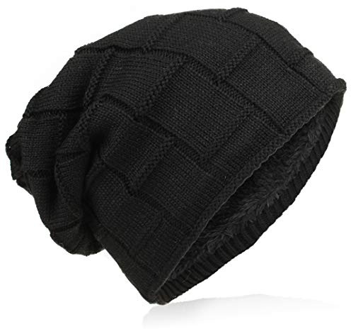 Miobo Beanie mit Innenfutter - warme Feinstrick-Mütze mit Flechtgitter Muster - sehr weich gefütterte Winter-Mütze für Damen & Herren - Schwarz