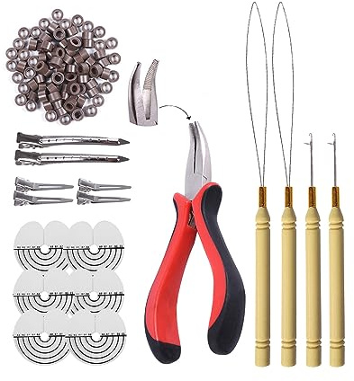 Hair Extensions Tools Kit: I-Tip Hair Pliers, Pulling Needle, Loop Threader and 200 Pieces 5.0mm Silicone Hair Extension Rings Beads Links (Brown)