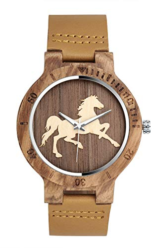 Unendlich U Herren Bambusuhr Galoppierendes Pferd Holzuhr Analog Quarzwerk Armbanduhr Brown Lederband Für Männer Ehemann Geschenke