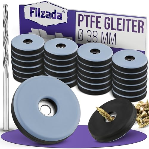 Filzada® 26x teflonglid för skruvning - Ø 38 mm (rund) - möbelglid/mattglid PTFE (Teflon) inkl skruvar