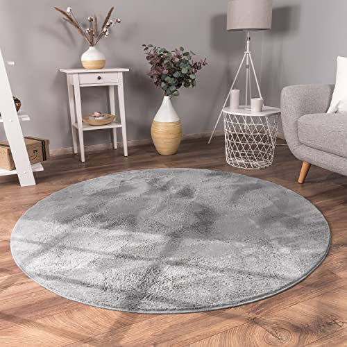 Paco Home Teppich Wohnzimmer Schlafzimmer Kunstfell Shaggy Hochflor Flauschig Soft Einfarbig Grau, Grösse:Ø 160 cm Rund