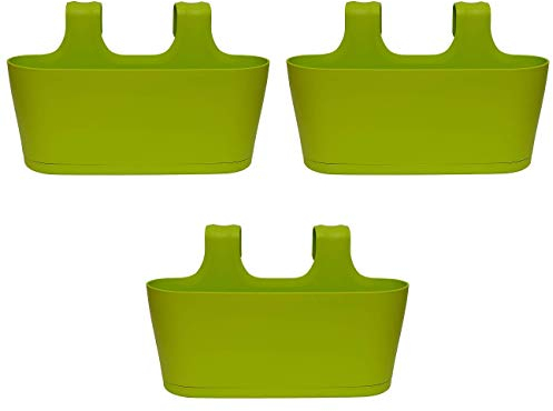 Gariella - 3 x Blumenkasten in Grün, Hängekasten, Geländer-Montage, Balkon, Außenbereich, 5,5 L, oval, Kunststoff, Übertopf, Pflanzkasten, Blumentopf zum Hängen, Wasserspeicher/Untersetzer