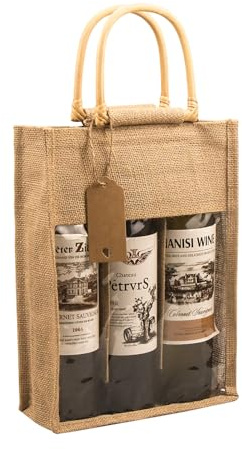DIWNELEM 1 Pack Burlap Wine Gift Bags with Window Jute Wine Bags with Stickers Burlap Wine Bottle Bags for Wedding, Parties,Birthdays Christmas, Holiday Home Storage and Wine Tasting Party