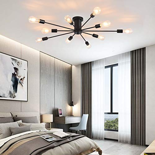 JIINOO 10-Flammige Deckenleuchte Schwarz Modern Starburst Wohnzimmer | Halbbündige Sputnik Metall-Deckenleuchte im Industrial-Design für Wohnzimmer, Schlafzimmer, Küche und Esszimmer, 87cm