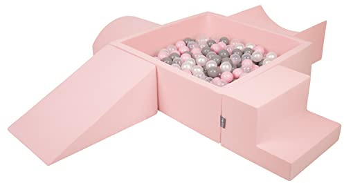 KiddyMoon Foam Playground For Kids With Square Ballpit (300 Balls ∅ 7Cm/2.75In) Soft Obstacles Course And Ball Pool Made In EU, Pink:Pearl/Grey/Transparent/Powder Pink