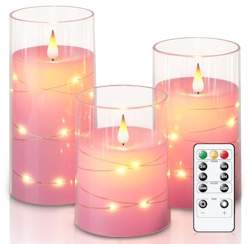 Homemory Lot de 3 bougies sans flamme vacillante rose avec guirlande lumineuse, à piles intégrées, bougies en verre incassables avec télécommande