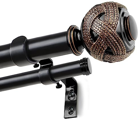 USFOOK 1 Inch Double Curtain Rods 36 to 72 Inches (3 to 6 ft), USFOOK Black Drapery Rods for Windows 24 to 68 Inches, Telescoping Dual Curtain Rod with Woven Leaf Finials