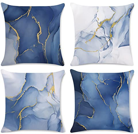 Bonhause Blue Marble Cushion Covers 45 x 45 cm Abstract Marble Blue and Gold Modern Decorative Throw Pillow Covers Pillowcases for Sofa Patio Home Decor Set of 4