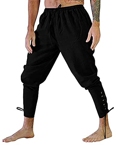 YAOHUOLE Medieval Linen Trousers Slim Fit Pirate Pants Renaissance Viking Costume Black XXL
