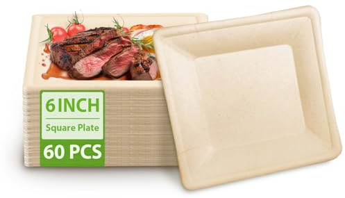 Assiettes jetables en carton écologiques MZL de 15 cm, lot de 60, imperméables, résistantes à l'huile, résistantes au micro-ondes, 100% biodégradables, assiettes carrées compostables pour pique-nique