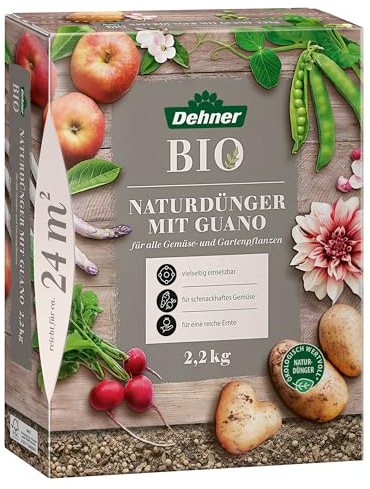 Dehner Bio Naturdünger mit Guano, hochwertiger Dünger für Gemüsepflanzen / Gartenpflanzen, organisch mineralischer NPK-Dünger, ökologisch wertvoll, 2.5 kg, für ca. 25 qm, bunt