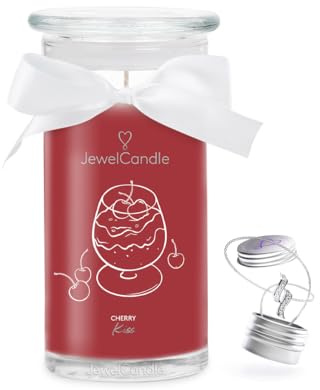 JuwelKerze Cherry Kiss Halskette Silber - Schmuckkerze 80 Std - große Duftkerze im Glas mit fruchtigem Duft - Kerze mit Schmuck - Geschenke für Frauen