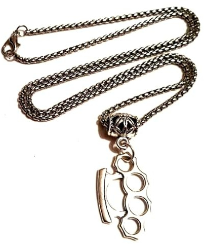 Silver Knight Stainless Steel Knuckle Duster Pendant Necklace On A 24 Inch Stainless Steel Wheat Chain, Brass Knuckles Hip Hop Gangster Fighter Jewelry MMA Rapper Jewelry