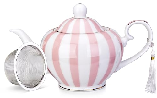 London Boutique Teekanne mit Teesieb, Teekanne für losen Tee, 700 ml Fassungsvermögen, perfekte Teekanne für 2 Tassen, leicht zu greifender Griff, rosa Streifen, 728-5P