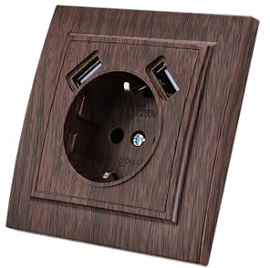 Prise Murale avec Prise Encastrable USB,2 prises USB,Prise murale d'intérieur 250V AC 16A,Prise de terre Grain de bois foncé