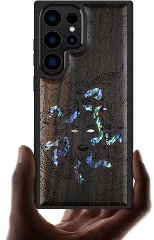Carveit Designer Wooden Case for Samsung Galaxy S23 Ultra Case Cover [Wood Engraving & Shell Inlay] Compatible with Wireless Chargers S23 Ultra Case (The Medusa Enigma-Blackwood)