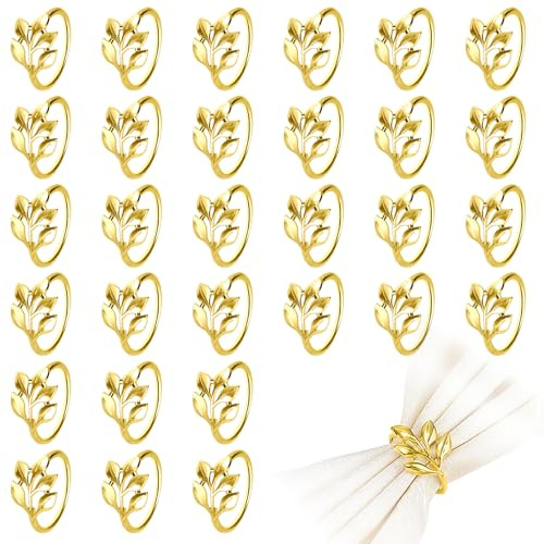 SITAKEGS Gold Leaf Napkin Rings Set, 30 Pcs Metal Napkin Ring Holders Buckles for Table Decorations, Napkin Holders for Cloth Napkins Adornment for Wedding Thanksgiving Christmas Dinner Party (G)