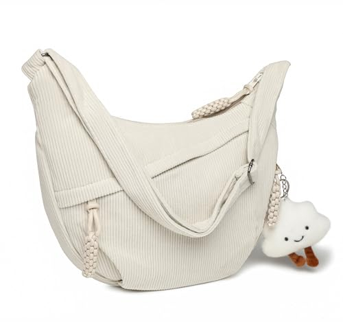Micmores Crossbody Bag Damen Umhängetasche, Cord Tasche Casual Schultertasche Moon Bag Halbmond Tasche mit verstellbarer Schultergurt, Stylische Handtasche für Arbeit, Reisen, Alltag(Beige)