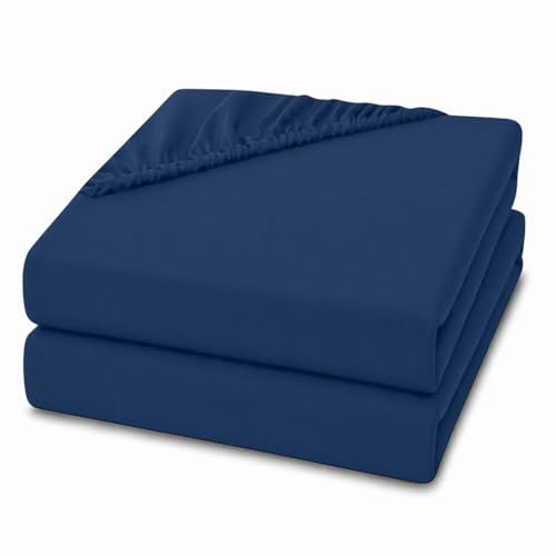 2 Pack Double Fitted Sheets 28cm Deep Pocket – Ultra Soft Comfortable Microfibre Bed Sheets, Breathable, Wrinkle, Fade & Shrink Resistant, Easy Care Bedding (Navy Blue, Double)