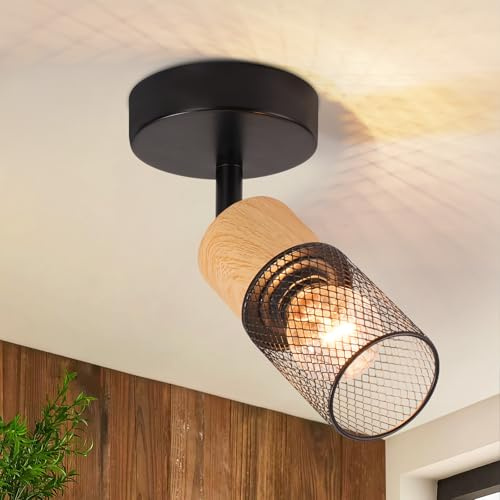 GBLY Deckenstrahler 1 Flammig Deckenleuchte Vintage Deckenlampe Schwarz | Holz Spots 350°Schwenkbar E14 Deckenspots Küchenlampe Retro Wandstrahler für Wohnzimmer Schlafzimmer Küche Ohne Leuchtmittel