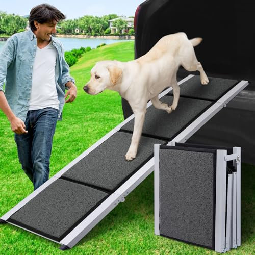 DAISTERN Hunderampe Auto Klappbar 180 x 50cm, Faltbar Hundetreppe mit Weicher Teppichoberfläche, Pulverbeschichteter Aluminium-Metallrahmen, Autorampe Einstiegshilfe für kleine Mittelgroße Große Hunde