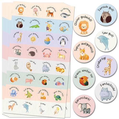BIROYAL 1600 Tier Belohnungsaufkleber, Motivationssticker, 50 Blatt, 25mm | 32 Muster, Selbstklebende Sticker Lehrer, Deutsch Belohnungssticker, Reward Stickers, Sticker Tiere für Lehrerbedarf