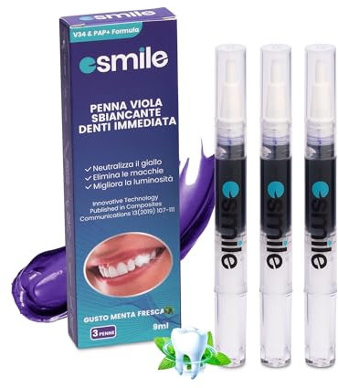 Esmile Set di 3 Penne Gel Sbiancanti Viola, 2 ml con Pennello, Sbiancamento Denti Istantaneo e Facile Applicazione