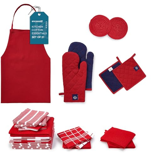 Encasa XO Küchenset, Geschirrtücher & Ofenhandschuhe 30x26 | Rote Kombination 100% Reine Baumwolle | Inklusive Topflappen | Hitzebeständig | Maschinenwaschbar | 21-teiliges Set