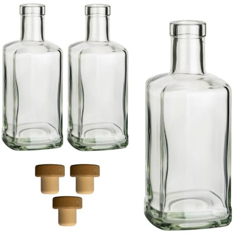 gouveo Set di 3 bottiglie in vetro da 500 ml quadrate da farmacista con tappo in sughero (HGK) - bottiglia da 0,5 l da riempire e regalare - bottiglia vuota per gin, liquore, olio, aceto (AFET500HGK)