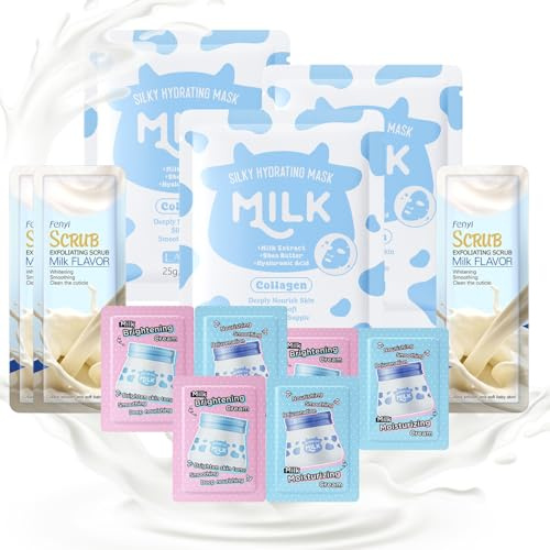12PCS Milk Skincare Set - Skin Care Sets & Kits for Travel - Body Scrub, Face Cream,Face Mask - Skincare Set for Teenage Girls Women - Facial Kit for Moisturising