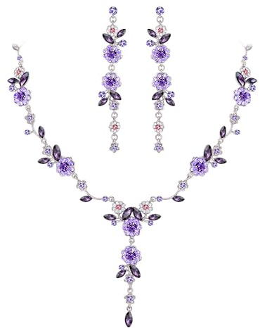 Ever Faith Floral Jewelry Sets for Women, Wedding Brides Bridal Rhinestone Crystal Flower Leaf Vine Pendant Necklace Long Dangle Earrings Set for Prom Party Purple Gold-Tone