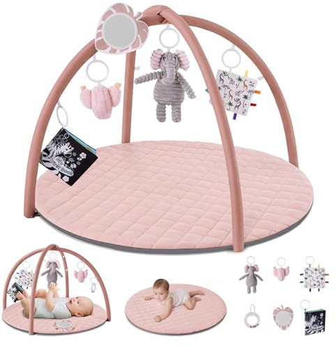 Blissful Diary Baby Play Gym Mat, Tummy Time Activity Mat with 6 Detachable Toys for Skill Development, Baby Essentials Gift, Soft Pink