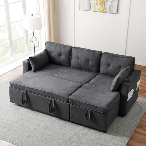 Wyibwy Sofá de 3 plazas con función de Cama Extensible,Sofá rinconera en L con portavasos y Compartimentos portaobjetos,Sofá Modular con Chaise Longue,Sofás modulares de 3 plazas,Algodón y Lino,Gris