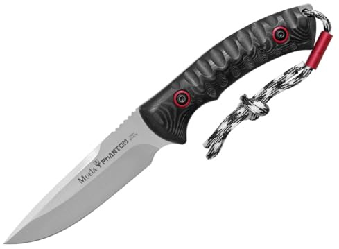 LO TRINCO YO Muela Cuchillo PHANTOM-12W hoja de acero MoVa X50CrMoV15 de 12 cm y empuñadura de Micarta negra con separador rojos para Caza, Pesca, Supervivencia y Bushcraft.