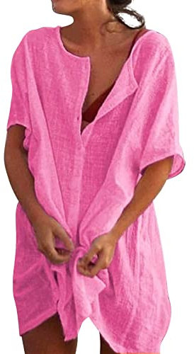 Camisas Mujer Largos Vestido Playa Verano Camisa Suelta de Bikini Cover Up Traje para Mujer Vestido de Playa Casual Blusa Playeras Suelto Pareos Color Sólido (XL)