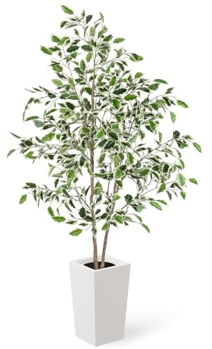 YOLEO 5FT Artificial Ficus Tree with White Tall Pot Indoor | Lifelike Faux Silk Tree for Homes & Offices Decor 150cm