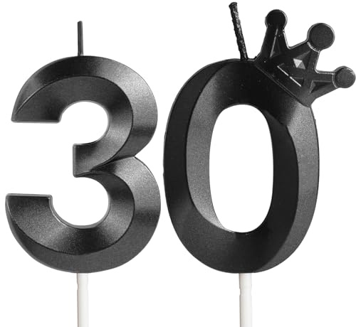 Geburtstagskerzen Zahlen 30, Geburtstagsdeko 30 Jahr Männer Frauen, Corona Kerzen Geburtstag, Schwarz Personalisierte Geburtstags Party Tortendeko