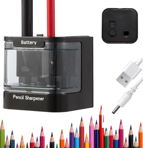 Temperamatite elettrico, doppio foro, temperamatite automatico per 6-8 mm e 9-12 mm, funzionamento a batteria/USB, per matite, matite colorate e pastelli a cera (nero)