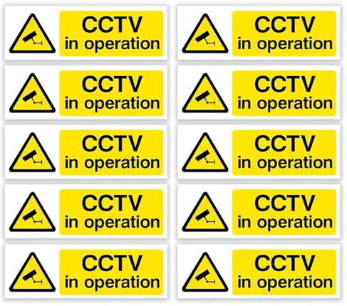 Ninoclar CCTV in Operation Warning Signs, 15 x 5 cm, Pack of 10, Yellow and Black