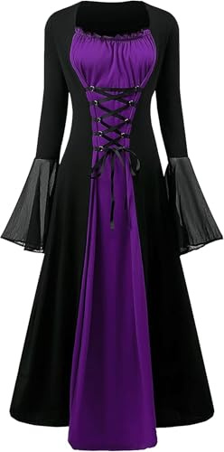 Costume de renaissance pour femme - Robe médiévale avec manches trompette gothique maxi robe de carnaval Halloween fête