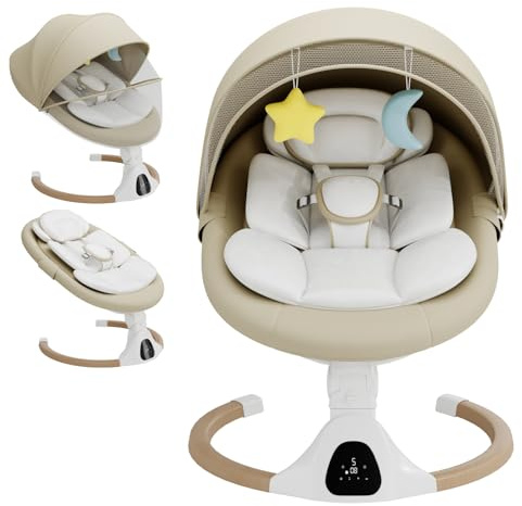 Babywippe Elektrisch, 0–6 Monate, max. 9 kg, Tragbares Neugeborenes Babyschaukel Indoor mit Bluetooth, 5 Schwenkgeschwindigkeiten, 3 Winkellage, Fernbedienung & Touch Panel Beige