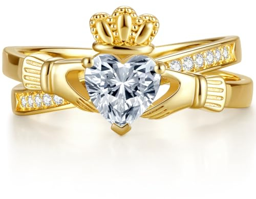 Gold Claddagh Ring for Women, 14K Gold Plated Irish Engagement Wedding Ring - Non Tarnish Promise Ring with 6.5mm Heart Simulated Diamond - Anniversary Christmas Gifts for Her Size 8