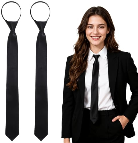 DOPENSPI Lot de 2 cravates noires pour femme, cravates longues ajustables pré-nouées, idéales pour chemises, uniformes, tenues de soirée, remises de diplômes et accessoires décontractés